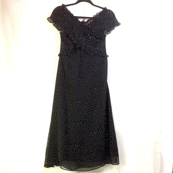 LUCY PARIS ‘Dorothy’ Black Chiffon White Dots Smocked Shoulder Side Zip - Picture 3 of 10